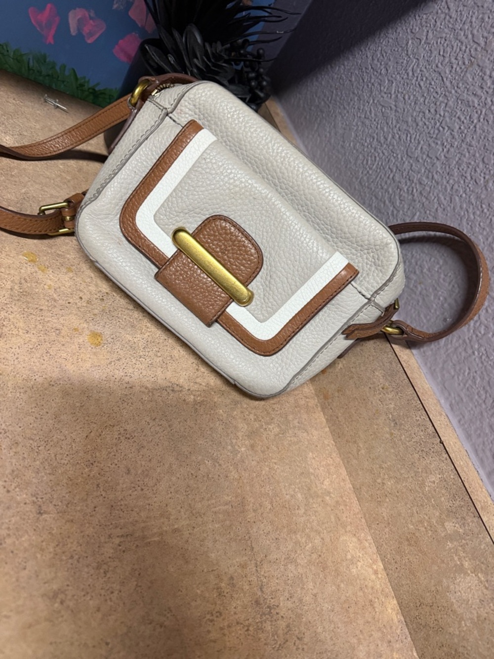 Fossil Cream and Brown Pebble Leather Crossbody with Gold Accent